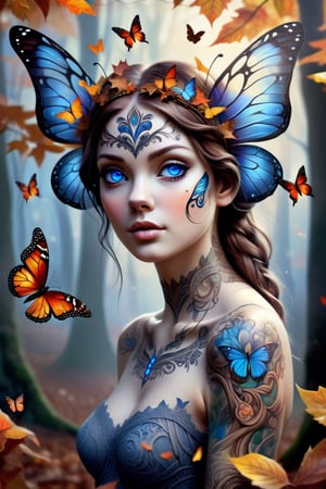 A beautiful ethereal woman with large, delicate butterfly wings attached to her head, surrounded by swirling autumn leaves and other small butterflies. Her striking blue eyes contrast with her porcelain skin, and she wears intricate lace-like tattoos that flow gracefully along her neck and shoulders. The background features an enchanted, misty forest with twisted, ancient trees and a soft glow that adds a dreamlike atmosphere. The colors are warm and vibrant, emphasizing the magical and surreal nature of the scene. Digital painting, ultra-realistic details, soft focus, high contrast lighting, (masterpiece: 1.2), (best quality:1.3), ultra highres, original, (extremely detailed:1.1), perfect lighting