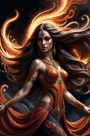  A well-drawn portrait, a beautiful woman with long hair, looking into the frame, a beautiful face, a beautiful figure, body jewelry in the style of Persian dancers. A fiery gloomy creature on a black background, a flaming world, an intricate fractal. Beautiful, slender, elegant, detailed figure, precise elaboration of details, 3D, spectacular, surrealism, clear contours, golden and fiery threads, sparks, intricate, professional image, hyperrealism, incredible landscape in the background. A mesmerizing, dynamic, raging wind.