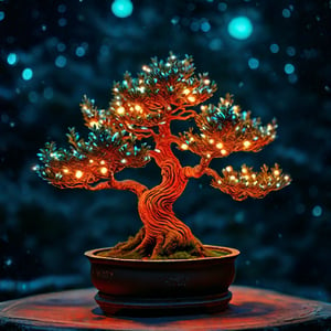 A detailed, whimsical close-up of a bonsai tree in the style of Wes Anderson, featuring bioluminescent leaves that glow softly in the night. The miniature tree is meticulously shaped and contained within a carefully curated pot, exuding a sense of nostalgia and eccentricity. The scene is set against a dark, starry backdrop, with the glowing leaves creating a magical, otherworldly atmosphere. The photograph captures the intricate details of the bonsai, with a rich, warm color palette and a touch of the surreal, making it a true masterpiece of Wes Anderson's signature aesthetic.