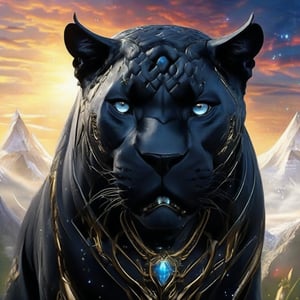 (Fantasy) World, Grand (Beautiful Magical Black Panther), High Quality Face, High Detail, Epic Art, [Magic Sky], Todd Lockwood