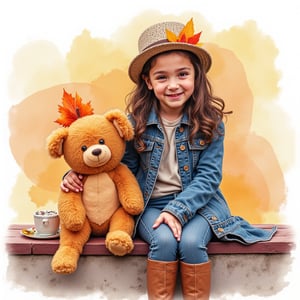 watercolor, random pose. 10 year old girl with brown hair. next to a stuffed animal in a denim jacket and a hat decorated with autumn leaves, sits on the terrace of a raw-style house.