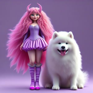  3D rendering: a young sorceress with lush long shaggy disheveled pink hair. Purple dress, striped pink tights and big purple boots. Next to her is a fat fluffy huge pink samoyed. Purple background.