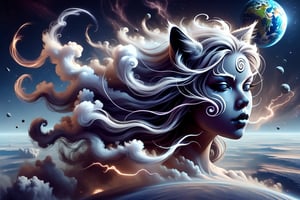 wind, a thundercloud, in the form of a smoky girl, with long hair and cat ears on her head, rises in space above the planet