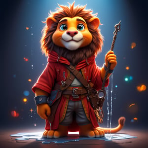 blockbuster, masterpiece, anthropomorphic lion apprentice of a magic school, soaked apprentice's cloak with water dripping off, cheerful demeanor, captivating the audience with humor, gaze directed at the viewer, vibrant colors, whimsical magical effects surrounding, playful expressions, lighthearted atmosphere