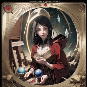 Create an image of a female fortune teller looking forward and at the viewer. She is dressed in a black and red robe. In front of her is a wooden table with a crystal ball and scattered tarot cards. The background is filled with books, which creates a mystical atmosphere. hyperdetail