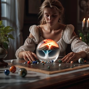 White woman sitting at a table, yareo chiffon dress, on the table are 4 marbles , each with different elements, 1 with soil and plants, 1 with sea waves, 1 with raging fire, 1 with tornado, on an old piece of wood, hyperrealistic, 4k, f1.8, boketh, depth of field, refraction, reflection on wood, photography, luminous, luminous particles coming out of marble