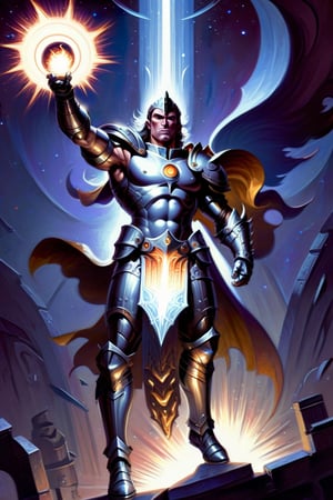 a Image in the style Fantasy by Frank Frazetta and Raymond Swanland, (masterpiece:1.3), (perfect art:1.3), portrait of a male, dungeon delver, defined abs body, stunning body well-proportioned, astral constellations with honey eyes, victory rolls hair, dressed in the paladin armor, regal pose, point of view angle picture taken, in the background celestial forge where angelic blacksmiths craft weapons of light, with molten metal flowing, zenith optical, ethereal presence of magical guardians protecting sacred sites style, (optical resonance:1.3), by Mike Mignola, image should be splendorous details, 8k resolution, fine patterns intricately depicted, stylized render