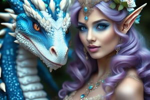 Fantasy, a dragon and a beautiful elf woman with purple voluminous hair in a complicated hairstyle. The colors are blue, white, and gold. Make-up in the form of fantasy patterns. The outfit is high fashion, stylish and refined, lots of jewelry and jewelry, ultra-detail, soft lighting, floral botanical, high resolution, 30mm lens, 1/250s, f/2.8, ISO 100, hyperrealism.