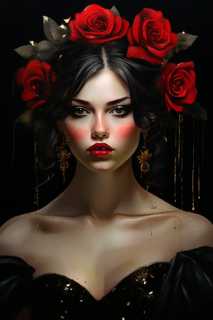 watercolor acrylic Russian woman with red roses in her hair, roses with gold sparkles, model 5 0 0 px, black silk dress with gold sparkles, corset, half-turn look, Nikon d 8 5 0 camera, black intense eyes, random pose, dark background