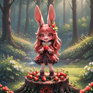 a beautiful animal, long ears, red in color, with flowers on its head, holding strawberries in its teeth.It stands on a stump near the forest 