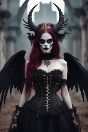 A magical, mystical, fantastic female creature in demonic form. A female figure with white skin and black clothing elements with a vintage lace-up corset. On the head there are large curved horns, luxurious black wings that look like skeletons, the face is beautiful and pale, with dark lips and expressive eyes. Burgundy - red thick hair, a halo resembling a golden halo is visible around the head. The overall style of the image resembles the Gothic aesthetics of dark fantasy. In the background are the distant ruins of ancient buildings.