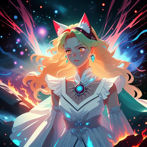 distant space, the spirit of angel,in the form of a girl, cat ears on her head, shining with green light, in a white dress, fighting with a space mutant, burning with a blue flame, emitting a bright red flame, style anime