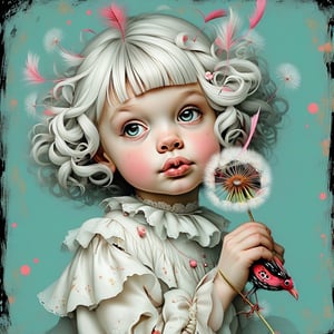 A bright whimsical illustration of a 5 year old girl with white curls, bangs, wearing a white ruffled dress and a print of a cute bird with naughty feathers and polka dot wings, holding a dandelion in the air and blowing on it. The bird is depicted as happy and stupid. The background is airbrushed and textured with pops of lavender, turquoise, black, pink and cream with some glitter thrown in. dark background