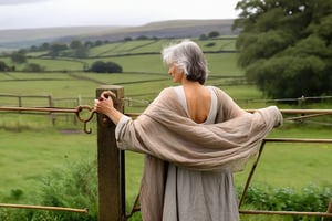 oil, broad strokes, woman holding an open gate in the rain, inspired by Howard Chandler Christie, England, style by Laura Sawa, grey-haired, close-up against nature, in the countryside, beautiful illustration by William Edward Scott, beautiful flowing fabric, dirty clothes, storm