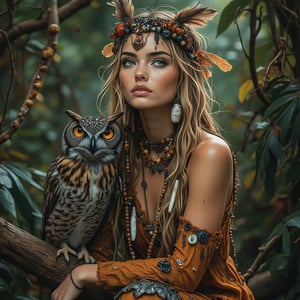  The picture shows a woman sitting on a tree branch, with owl feathers and a pale face, amber eyes, decorated with numerous wooden beads, black agate, ivory jasper stones and other decorations.