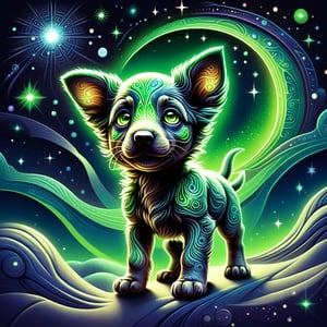 A vibrant, otherworldly illustration of a Cachorro Verde, a green, extraterrestrial puppy, set against a starry, midnight blue background with subtle, glowing nebulas. The puppy's fur is a bright, electric green hue with subtle, swirling patterns akin to those found on a reptile's scales. Its large, almond-shaped eyes glow with an unearthly, soft blue light, and its nose is a tiny, black, button-like feature. The puppy's ears are triangular and slightly pointed, with a soft, feathery texture. It sits on a crescent moon, surrounded by a halo of soft, white light, with its front paws clasped together and its hind legs folded beneath it. The overall style is reminiscent of a fantastical, futuristic children's book illustration, with bold lines, smooth textures, and a sense of wonder and discovery. The colors are bold and vibrant, with a focus on blues and greens to evoke a sense of mystery and magic.