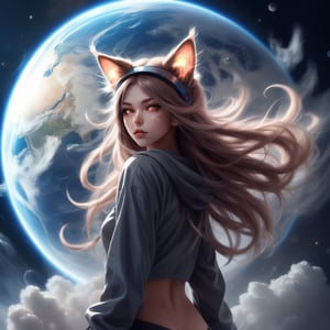 wind, a thundercloud, in the form of a smoky girl, with long hair and cat ears on her head, rises in space above the planet