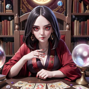 Create an image of a female fortune teller looking forward and at the viewer. She is dressed in a black and red robe. In front of her is a wooden table with a crystal ball and scattered tarot cards. The background is filled with books, which creates a mystical atmosphere. hyperdetail