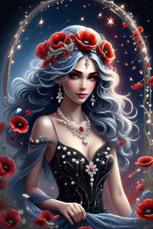 A beautiful fairy woman, a tiara of diamonds, pearls and flowers, long wavy blue hair, in a thin, black, airy dress with a scattering of pearls and red poppies, a whirlwind of flowers, a necklace of diamonds around her neck, beautiful, shiny, aesthetic. High resolution, high detail. In the background there is a floral arch against the background of the starry sky.