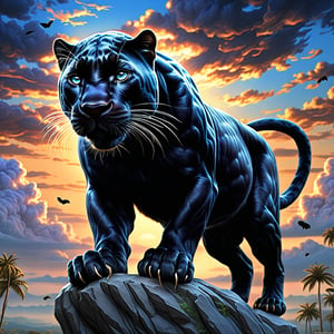 (Fantasy) World, Grand (Beautiful Magical Black Panther), High Quality Face, High Detail, Epic Art, [Magic Sky], Todd Lockwood