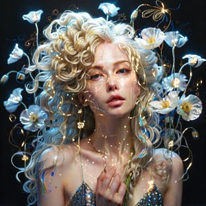 Stardust, pure gold, black, colored neon lines, excellent drawing, dynamics, wind, flower decorations, hyperdetalization, skin drawings, beautiful slender albino woman, delicate facial features, very long iridescent hair, curls, threads, flowers - white poppies, blue neon backlight, glitter, sparks, glow, arbitrary pose, 3d