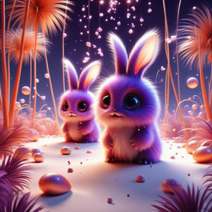 surreal, two absolutely cute fluffy (purple.orange.cinnabar pastel) furry bunnies, creatures playing (with little magic shells), white sand, sea, garland of lanterns, water, big eyes, glitter, gentle evening in the tropics, shells, transparency, fractals of light, sumi-e Midjourney, palm trees, flowers, octane render, fairy tale, bokeh, neon lines + lumens, fireflies, mother-of-pearl highlights, realism, hyperization, hdr