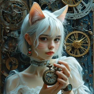 magic God of times girl, cat ears, holding a mechanical watch in her hand