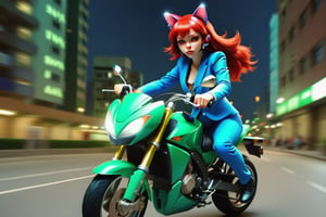 A girl, red hair, cat ears on her head, wearing a helmet, (in a blue suit), ((on a green sports motorcycle)), rides at high speed through the city at night