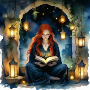  A mystical scene, in a soft watercolor and oil painting style. A serene, red-haired woman with long flowing hair sits in quiet contemplation, dressed in elegant, dark robes adorned with golden accents. She holds an ancient, open book, illuminated by the soft glow of warm lanterns hanging on a vine-covered stone wall behind her. The atmosphere is calm and mysterious, as if she’s studying secrets of magic under a night sky, the warm lights casting a soft aura around her.