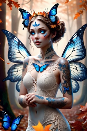 A beautiful ethereal woman with large, delicate butterfly wings attached to her head, surrounded by swirling autumn leaves and other small butterflies. Her striking blue eyes contrast with her porcelain skin, and she wears intricate lace-like tattoos that flow gracefully along her neck and shoulders. The background features an enchanted, misty forest with twisted, ancient trees and a soft glow that adds a dreamlike atmosphere. The colors are warm and vibrant, emphasizing the magical and surreal nature of the scene. Digital painting, ultra-realistic details, soft focus, high contrast lighting, (masterpiece: 1.2), (best quality:1.3), ultra highres, original, (extremely detailed:1.1), perfect lighting