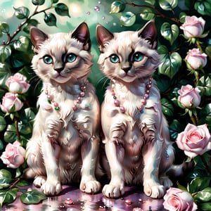 Two cute cartoon fluffy Siamese kittens are painted on the pearl mother-of-pearl. pale lilac-pink roses with dark green leaves made of mother-of-pearl. The background is pearl mother of pearl. close-up.