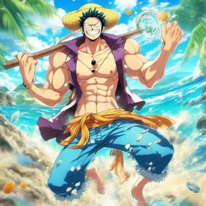 High quality anime digital image of MAN Nami in One Piece anime style, with a charming and mischievous expression, wearing an open shirt, tight pants and Clima-Tact, showing off a toned and slender physique, bright and dynamic colors. , detailed treasure map or tropical island background