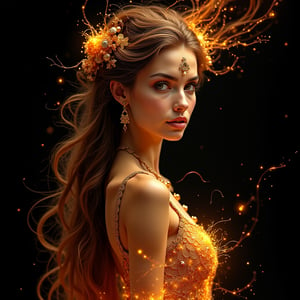  A well-drawn portrait, a beautiful woman with long hair, looking into the frame, a beautiful face, a beautiful figure, body jewelry in the style of Persian dancers. A fiery gloomy creature on a black background, a flaming world, an intricate fractal. Beautiful, slender, elegant, detailed figure, precise elaboration of details, 3D, spectacular, surrealism, clear contours, golden and fiery threads, sparks, intricate, professional image, hyperrealism, incredible landscape in the background. A mesmerizing, dynamic, raging wind.