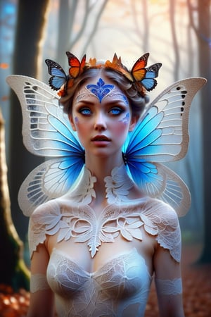 A beautiful ethereal woman with large, delicate butterfly wings attached to her head, surrounded by swirling autumn leaves and other small butterflies. Her striking blue eyes contrast with her porcelain skin, and she wears intricate lace-like tattoos that flow gracefully along her neck and shoulders. The background features an enchanted, misty forest with twisted, ancient trees and a soft glow that adds a dreamlike atmosphere. The colors are warm and vibrant, emphasizing the magical and surreal nature of the scene. Digital painting, ultra-realistic details, soft focus, high contrast lighting, (masterpiece: 1.2), (best quality:1.3), ultra highres, original, (extremely detailed:1.1), perfect lighting