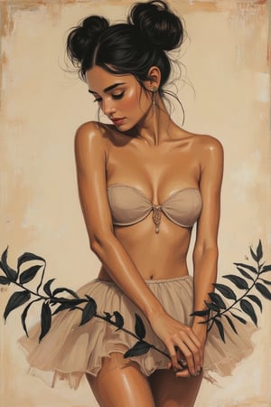   oil painting, fashion illustration, portrait of a young woman, two smooth perfect dark bunches on her head, tanned skin, looking down, beautiful shoulder line, short beige veil top, slim waist, short airy chiffon tutu, hands clutching black fern leaves, background-beige grunge.