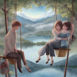 A close-up watercolor painting of a romantic couple sitting on a swing suspended from a tree branch, embracing and looking into each other's eyes, with a scenic view of a lake and misty mountains in the background, and their clothes flowing softly.