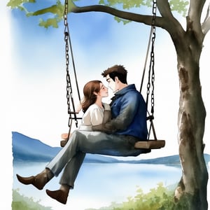 A close-up watercolor painting of a romantic couple sitting on a swing suspended from a tree branch, embracing and looking into each other's eyes, with a scenic view of a lake and misty mountains in the background, and their clothes flowing softly.