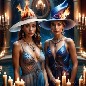  Two women in close-up, looking straight into the frame, one in a dress made of water, the other in a dress made of fire, they have beautiful hats and jewelry, dynamic graceful poses for photos, in a room decorated with candles and crystals, hyperrealism.