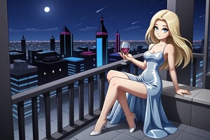 full height:1.5, young 18-year-old blonde, long waist-length hair fluttering in the wind, slender and thin figure, thin waist, long legs, (blue expressive eyes:0.5), beautiful breasts, resting with a glass of wine, dressed in a light, short, silk dress, white, on the glass balcony of a high-rise building, at night, the bright streets of a neon city at night, high detail and dynamic poses, the beauty of the night city and lights from above