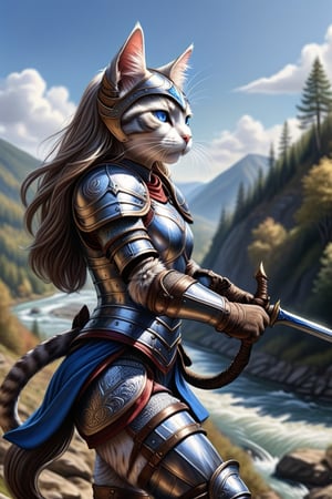    girl powerful hero, in armor, long hair, cat ears on head, perfect blue eyes, stands on mountain tracking enemies, against blue sky, river, forests. Detailing, realism, drawing small details