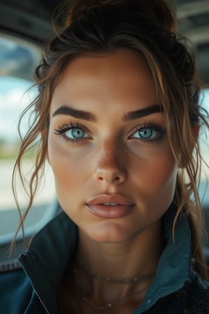  Portrait of a beautiful European female pilot, eyes with elongated corners, and light blue eyes cunning eyes, glossy skin, fashionable hairstyle in 2024, against the background of the airfield private jet, cinematic lighting, frame from the TV series