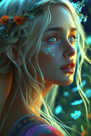 slavic fantasy, bioluminescence in the night, beautiful 18-year-old blonde, cascading flowing hair, expressive eyes, cosmic-colored print on the t-shirt, playful expression on the face, magnificent color palette, mystical ambiance, glowing plants in the background