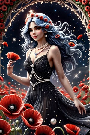 A beautiful fairy woman, a tiara of diamonds, pearls and flowers, long wavy blue hair, in a thin, black, airy dress with a scattering of pearls and red poppies, a whirlwind of flowers, a necklace of diamonds around her neck, beautiful, shiny, aesthetic. High resolution, high detail. In the background there is a floral arch against the background of the starry sky.