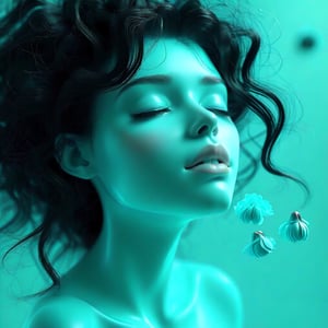 Brushed stroke aqua and black background, 3D arc aqua, tiny aqua rosebuds baby’s breaths , beautiful realistic woman with black hair.