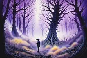 Watercolor. Airbrush. Dark forest. Dancing ghosts translucent. In the center stands a man - conductor colors black. purple. white. gold super realistic. super detailed