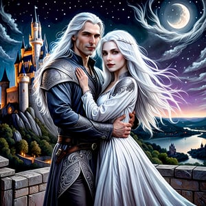  couple white man and woman standing next to each other beautiful fantasy portrait magali villeneuve style long smooth white hair lovers incredibly beautiful image hugs son of the night long grey hair leading to beautiful couple crazy white hair looking at camera midnight castle