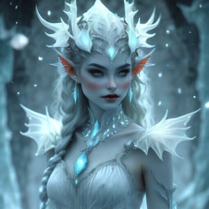 the woman is half elf, beautiful, short, fragile, with black and white long hair, fashion white dress made of frost, shimmers and glitters, a pendant with a dragon's Eye stone on her neck, a fantasy, -ar 3: 4