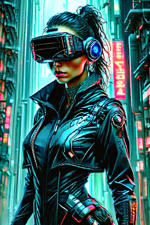 a reimagining in the style augmented reality art, Cyberpunk, (masterpiece:1.3), (perfect art:1.3), by Scott Fischer, portrait of a futuristic lady, stunning build, dynamic pose, geometric tattoo, with sapphire-gray eyes, high-tech low-life, neon-lit cities, corporate dominance, cybernetic enhancements, dystopian futures, hacker antiheroes, urban decay, AI and robotics, virtual reality escapism, noir aesthetics, underground movements, social stratification, futuristic weaponry, surveillance societies, shadowy megacorporations, digital underworld, cyber warfare, identity commodification, neon rebellion, gritty survival, technological disparity, (optimized clarity:1.3), by Tony DiTerlizzi, image should be informative details, 12k resolution, intricate design elements