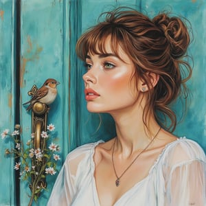  Watercolor, acrylic random pose, , beautiful Russian woman, hairstyle brown hair bun, bangs, emotions and artistry, , wind, turquoise wooden background, shabby door, bronze vintage door handle, behind the handle there is a small bunch of forget-me-nots, a sparrow is sitting on the handle, a small note is pinned, big strokes, in the style of Mikhail Garmash.