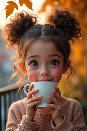  Portrait of a beautiful, sweet girl with freckles, large shiny amber eyes, long eyelashes, curly brown hair, styled in a hairstyle of two high bunches. Background with autumn leaves, she is standing on the balcony, drinking morning coffee, lace, dawn of autumn, bottom view, neon, high resolution, high detail.